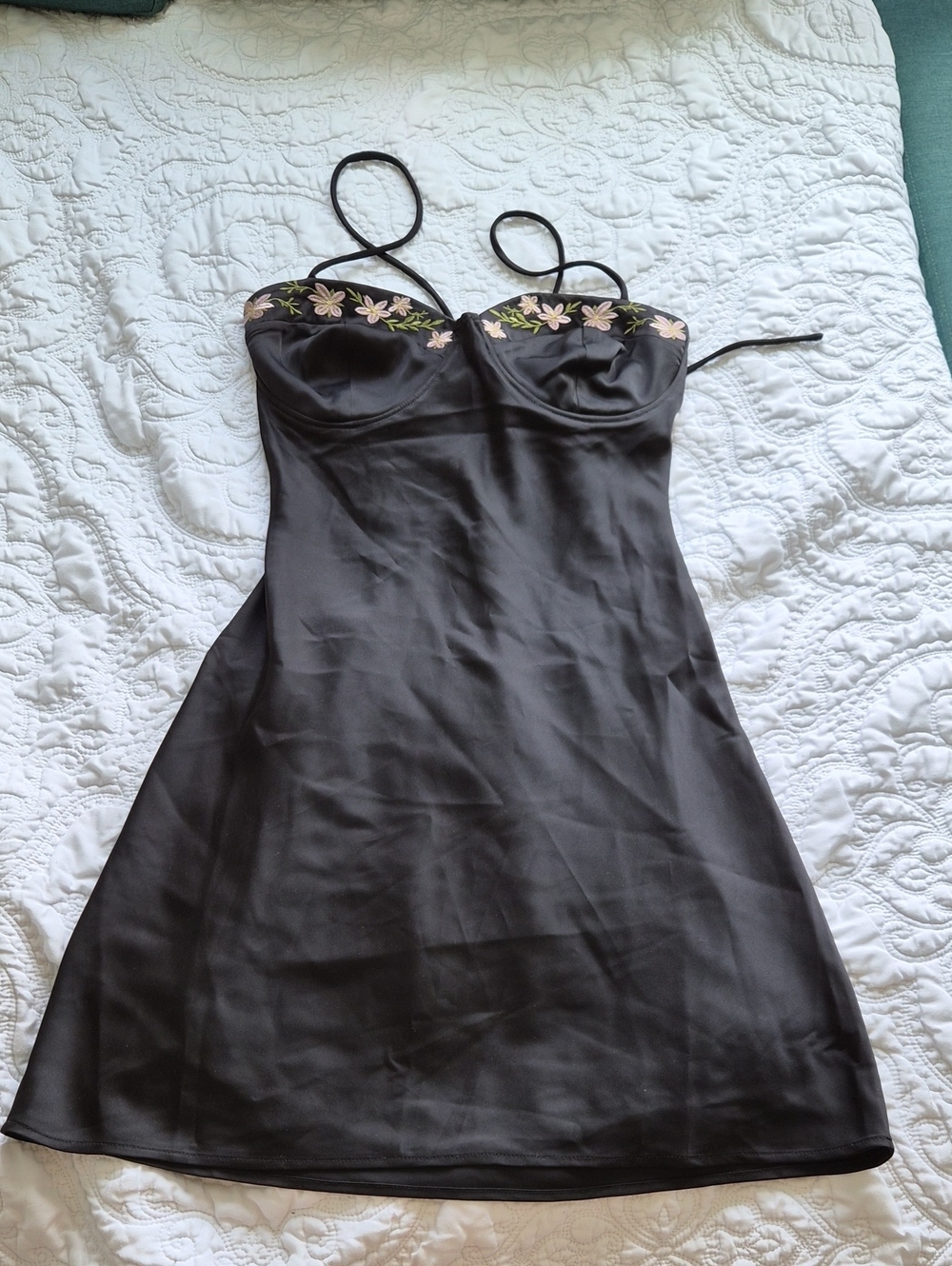 Rare London Black Mini Dress with Floral Trim
